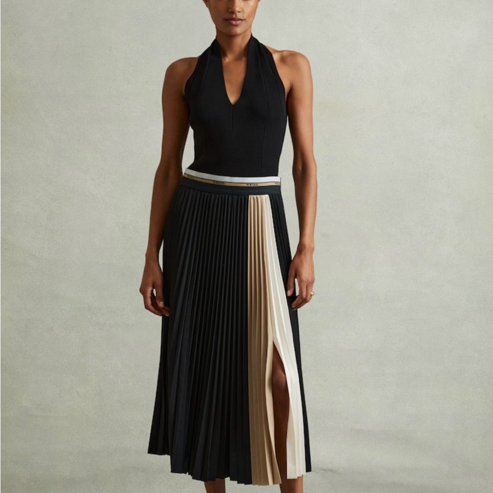 Reiss Iris Black and Cream Pleated Midi Skirt with Reiss detail waistband